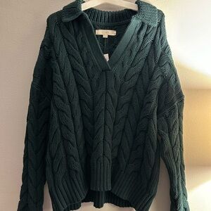 LOFT Women's Deep Green V-Neck Cable Sweater